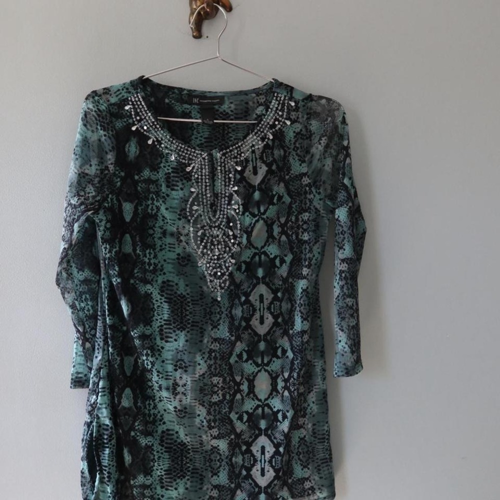 Teal and black beaded long sleeve‎ top. Mesh. Long shirt Summer